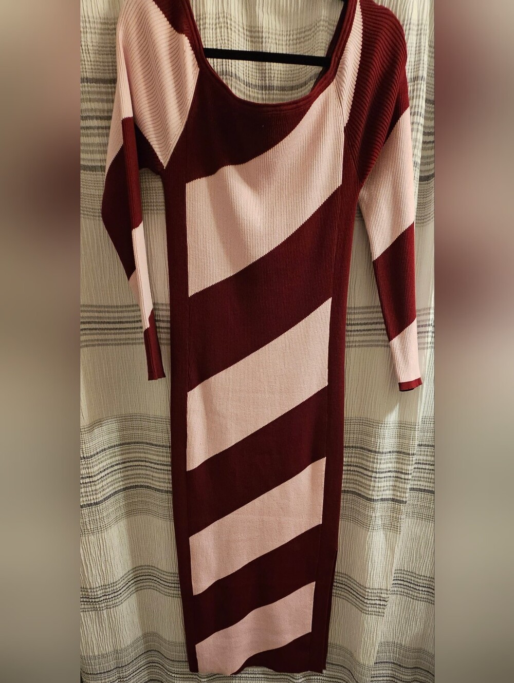 Avec Les Filles Burgundy and Light Pink Diagonal Stripe Long-Sleeve Knit Dress
